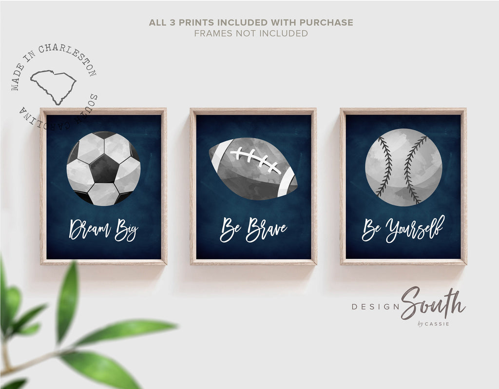 Decorative wall art featuring navy blue and gray sports-themed prints for a boys’ room or nursery. Perfect for a sports-themed birthday gift, party, or bedroom decor. Includes designs suitable for kids’ sports rooms, with playful illustrations and modern navy gray color scheme.
