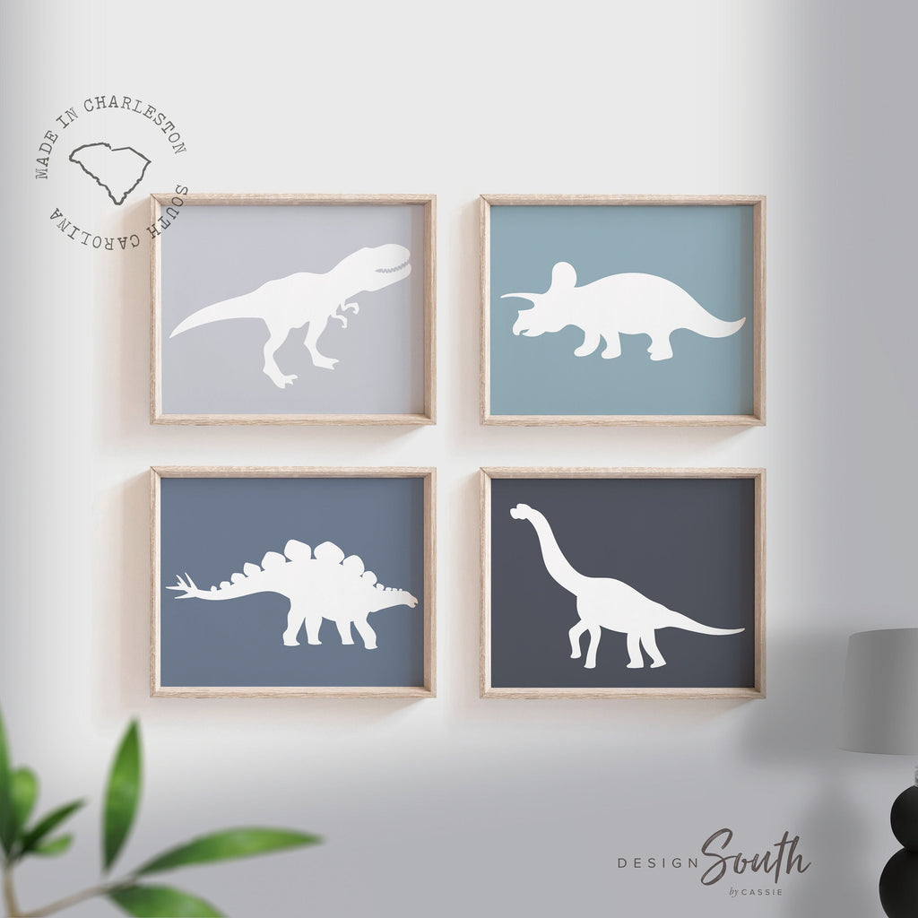 Blue gray dinosaurs, blue gray boys room art, toddler boy dinosaur themed bedroom, little boy dinosaur room prints, blue and gray dinosaurs