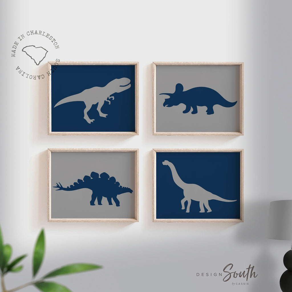 Dinosaurs navy gray, boy bedroom dinosaur themed art prints, dinosaur nursery, dinosaur wall, navy dinosaurs, toddler art boys set of 4 four