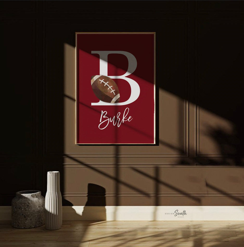 Dark red and gray sports themed room personalized boys name, sports print set of 3 collection, sports wall art theme, basketball soccer ball