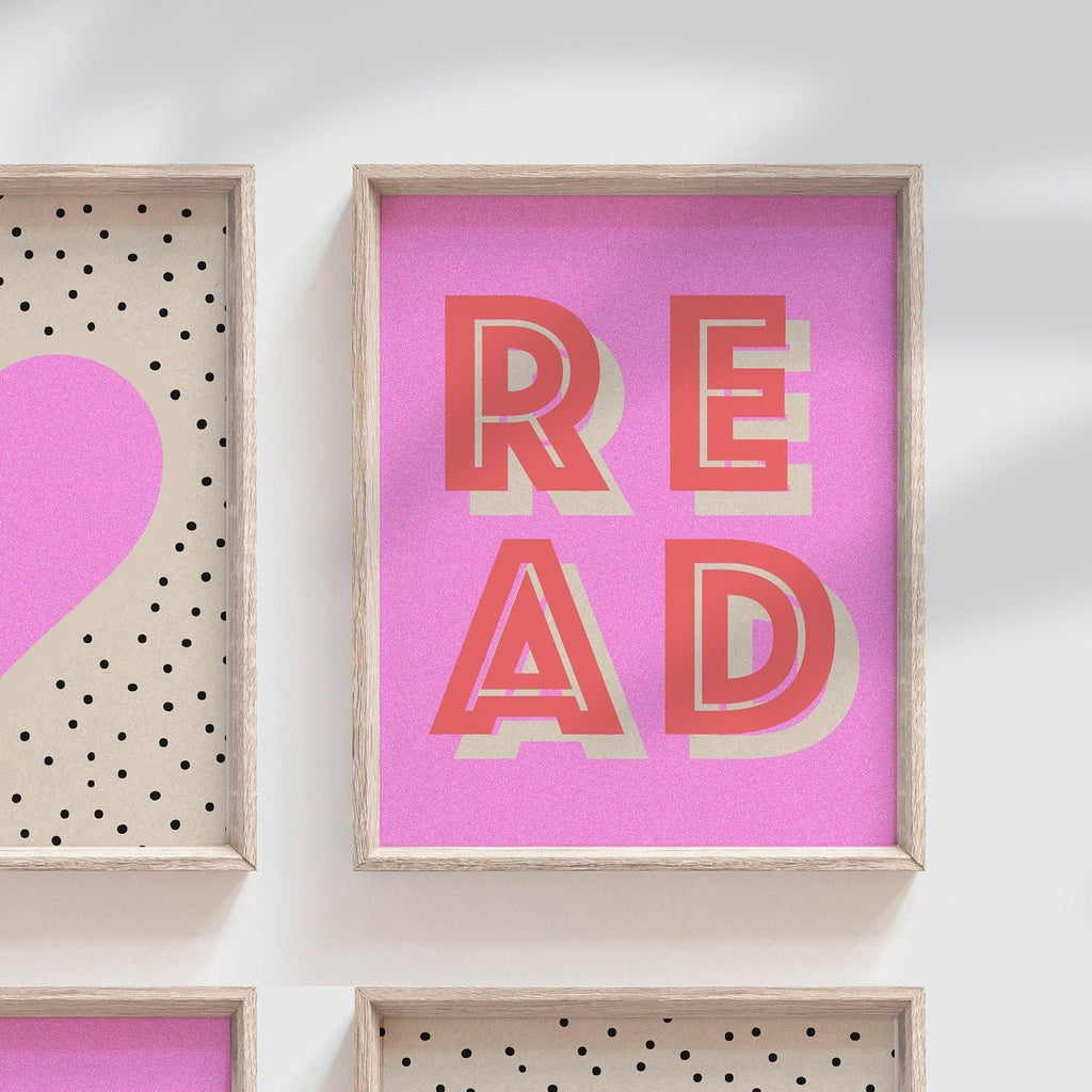 Girls pink retro bedroom playroom or nursery art, rainbow heart crown love play read decor, decor for girls room, hot pink wall decor girls