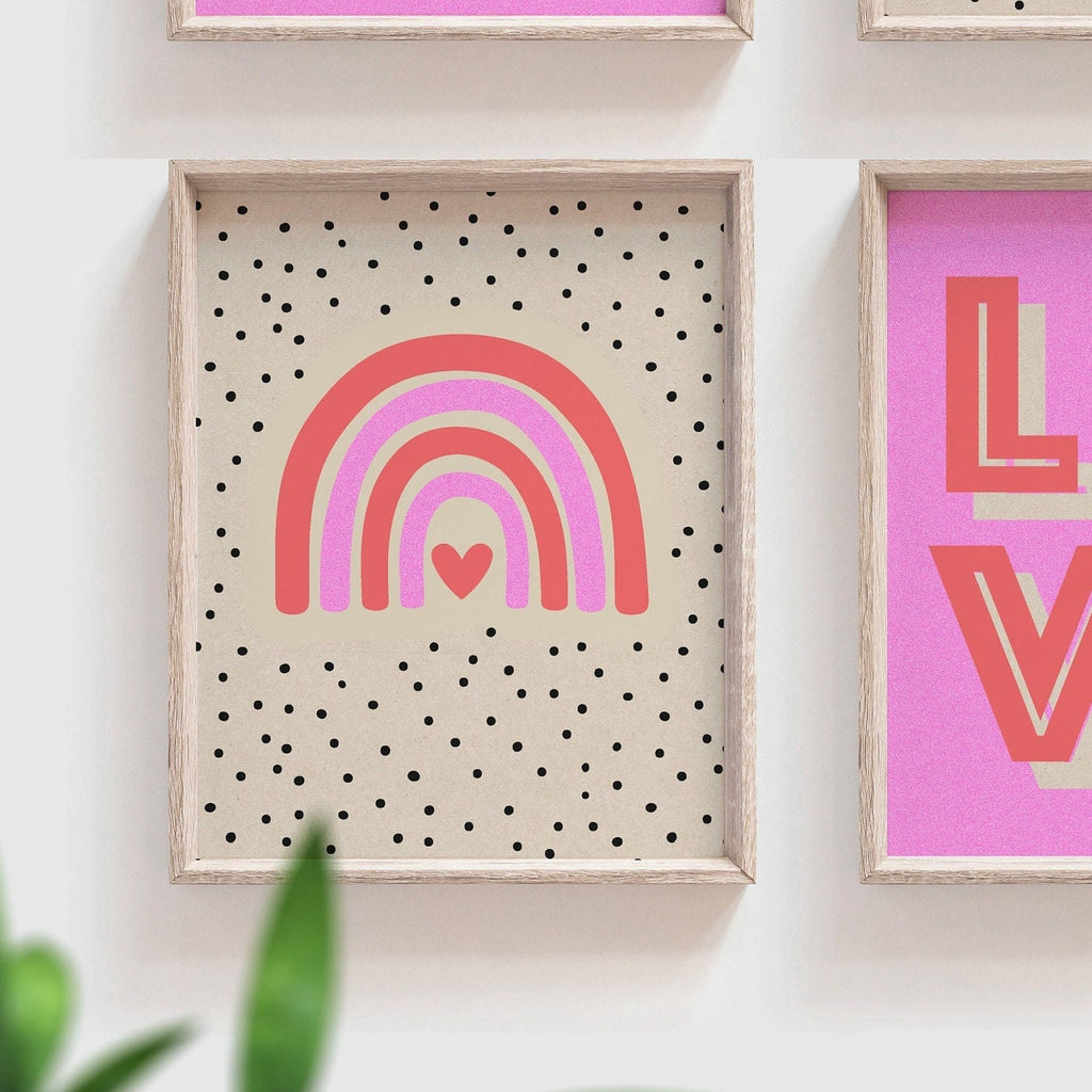 Girls pink retro bedroom playroom or nursery art, rainbow heart crown love play read decor, decor for girls room, hot pink wall decor girls