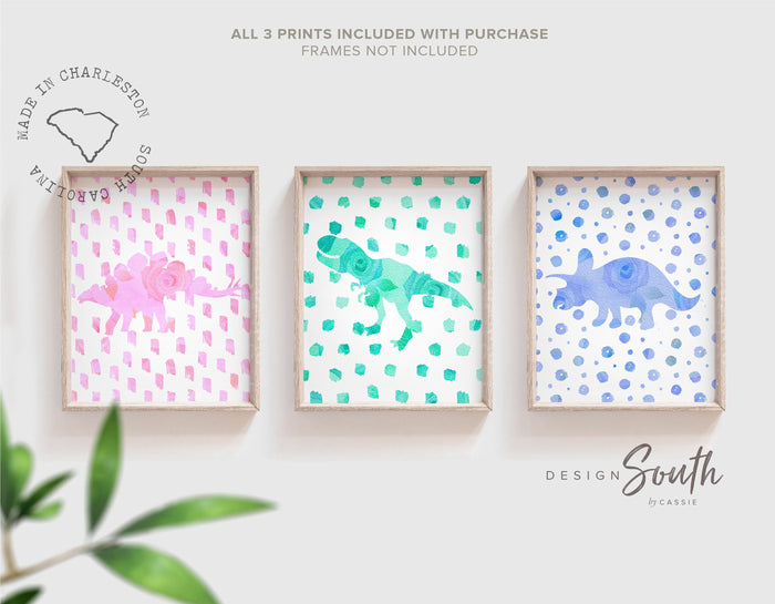 Pink teal dinosaurs, floral rose girly dinosaur wall art, little girl room dinosaur themed, pink floral dinosaur art prints, colorful dinos