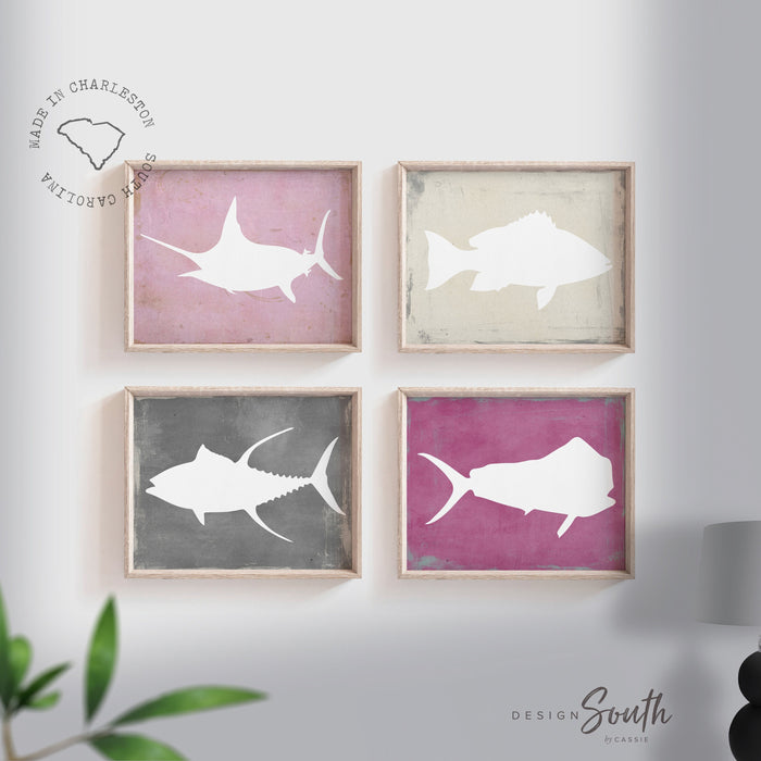 Pink fish bedroom wall art, saltwater fish decor, pink gray fishing theme, fish prints, fisherman art prints, fish nursery art, fish decor