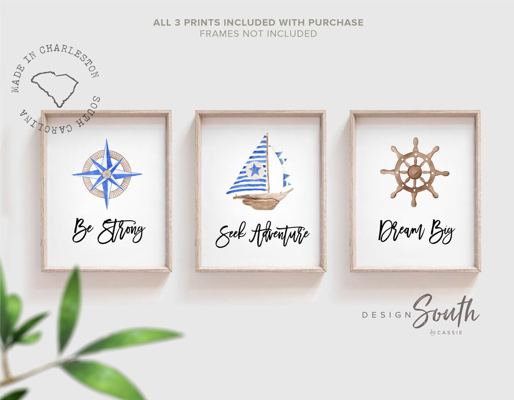 Baby nautical nursery decor, baby nautical gift, blue boy nautical room decor, compass sailboat wooden ship wheel baby room art, sailing art