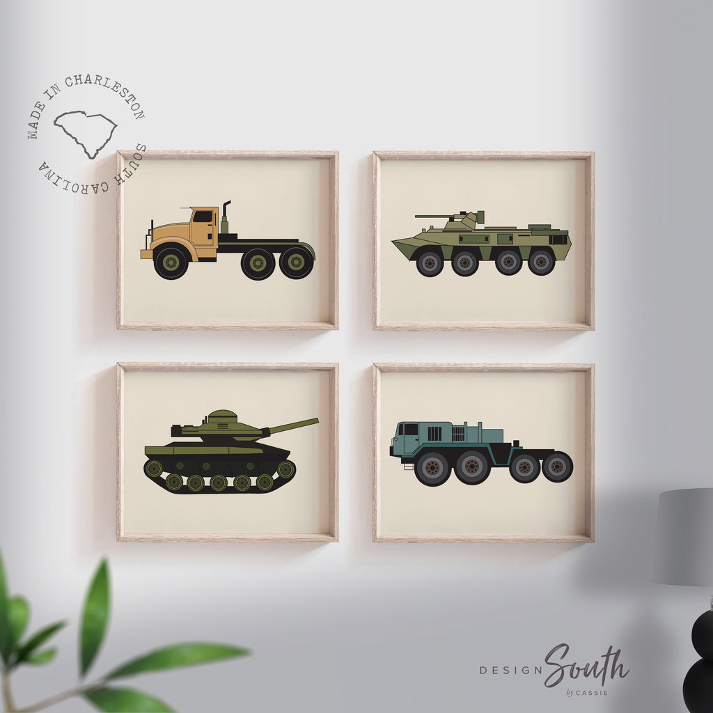 Nursery military, army vehicles print wall art set, boys room wall art, tank truck 4 prints, nursery and childrens room decor, boys room