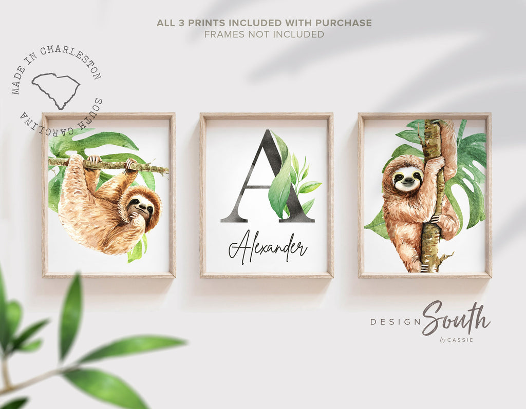 Sloth wall art set, kids hanging sloth in nature, sloth kids room personalized name gift, animal lover nursery gift, wall art kid decor name