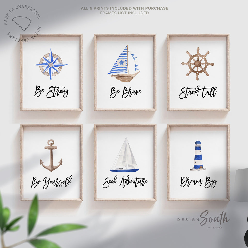 Nautical boys room art, anchor ship wheel sailboat collection nautical wall prints, nautical nursery art, ocean theme wall art, sea baby art