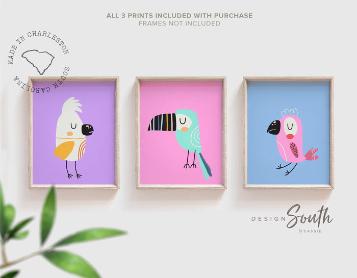 Pastel kid art, baby tropical themed room, tropical bird art, modern trendy pastel art set of 3, toucan bird print, nursery pink blue purple