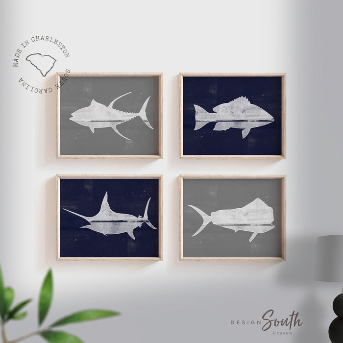 Fish navy blue gray, offshore fishing art, boys saltwater fish art, marlin nursery, boys fishing theme, fish nursery art, marlin fish decor