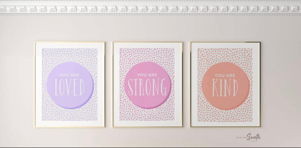 Art prints purple pink coral, little girl room art set, you are strong, you are loved, you are kind, positive print set for kids set of 3