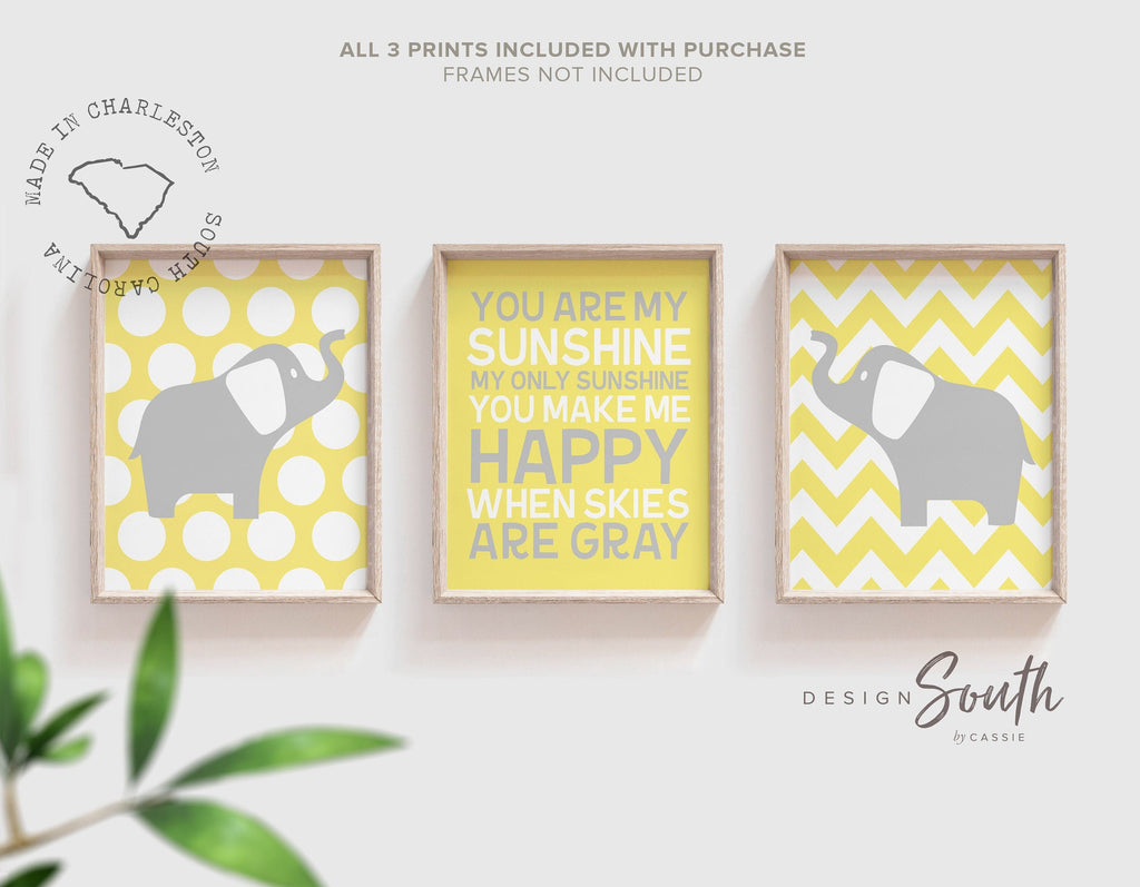 Unisex nursery decor, elephant nursery, yellow and gray nursery decor, gender neutral nursery decor, yellow elephants, you are my sunshine