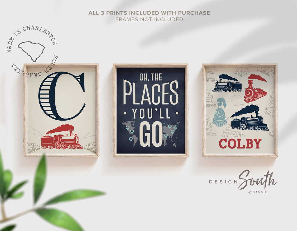 Boys bedroom trains, personalized wall art train transportation theme, red train decor, red train art, kids train room, train gift for boy