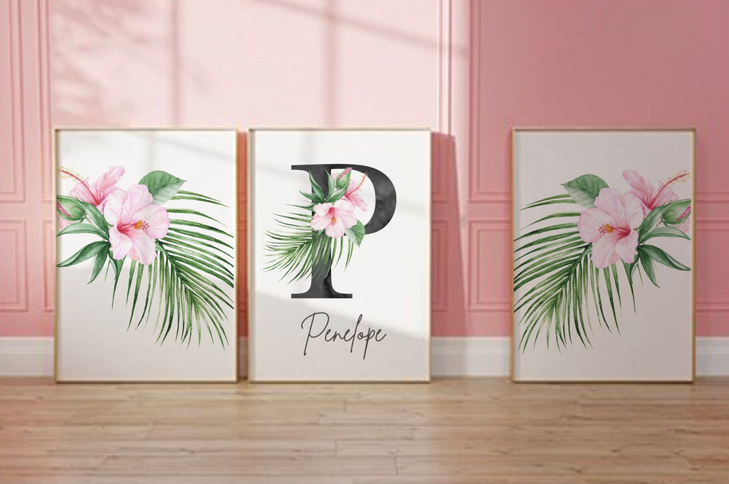 Girl nursery decor, palm leaf tropical theme nursery art, jungle theme botanical baby girl wall, coastal nursery decor, pink tropical decor
