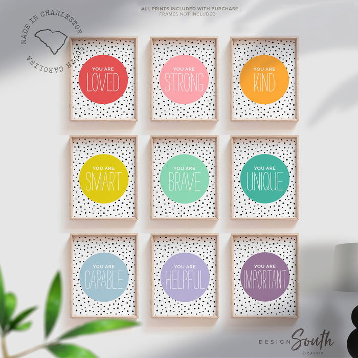 Positive affirmation art children, wall art kids colorful prints, rainbow colored room decor, children playroom ideas, you are affirmations