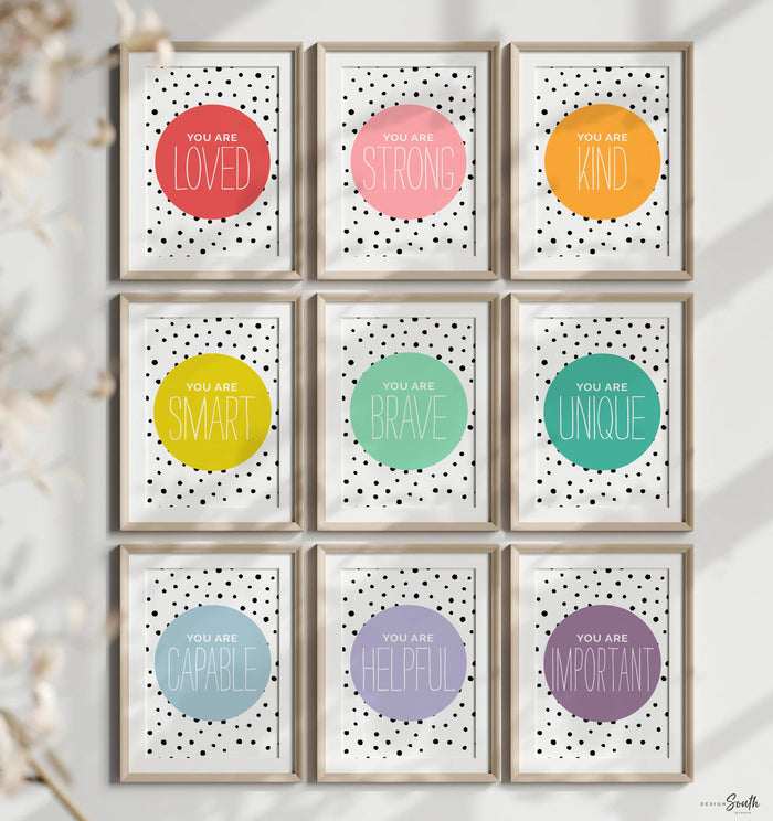 Positive affirmation art children, wall art kids colorful prints, rainbow colored room decor, children playroom ideas, you are affirmations