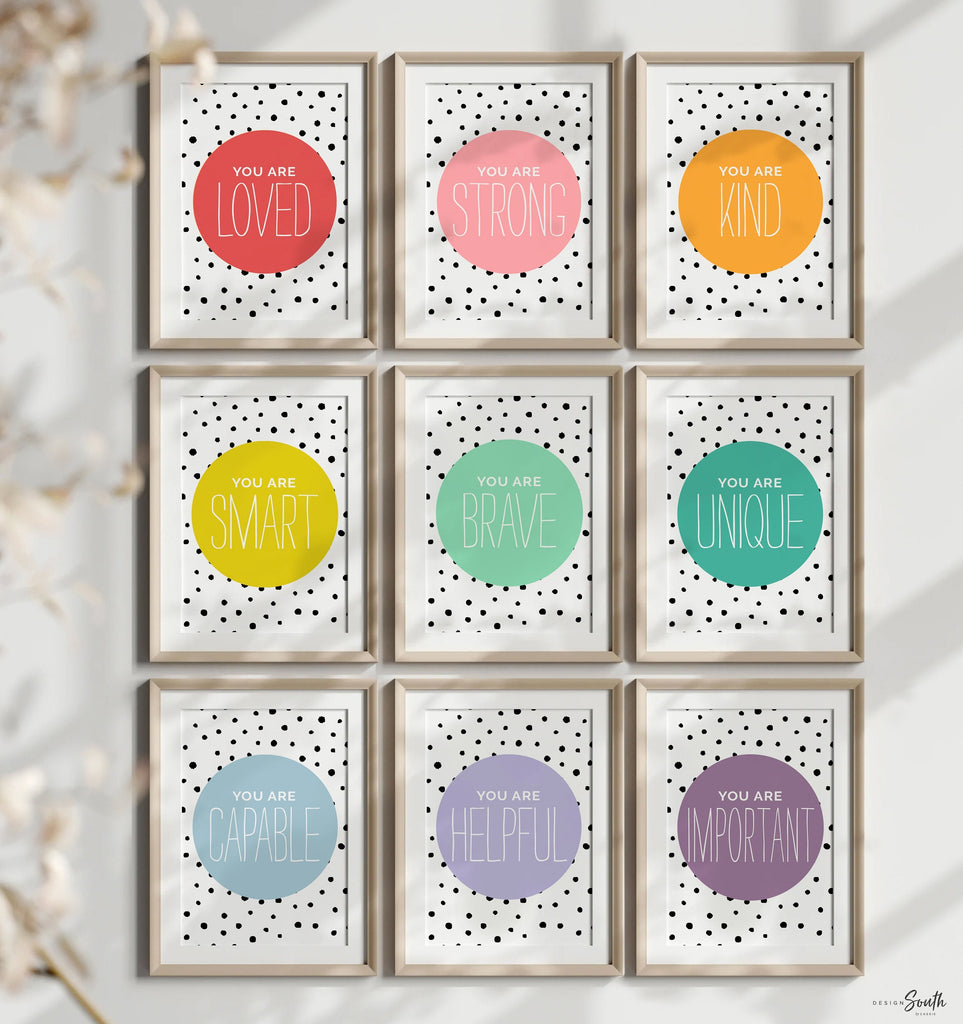 Positive affirmation art children, wall art kids colorful prints, rainbow colored room decor, children playroom ideas, you are affirmations