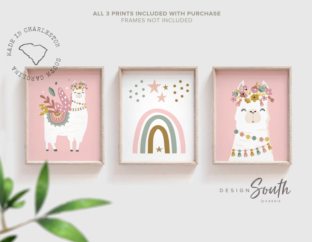 Boho nursery decor, boho nursery wall art idea, print set llama mauve pink succulents, llama themed baby room, wall decor girl bedroom llama