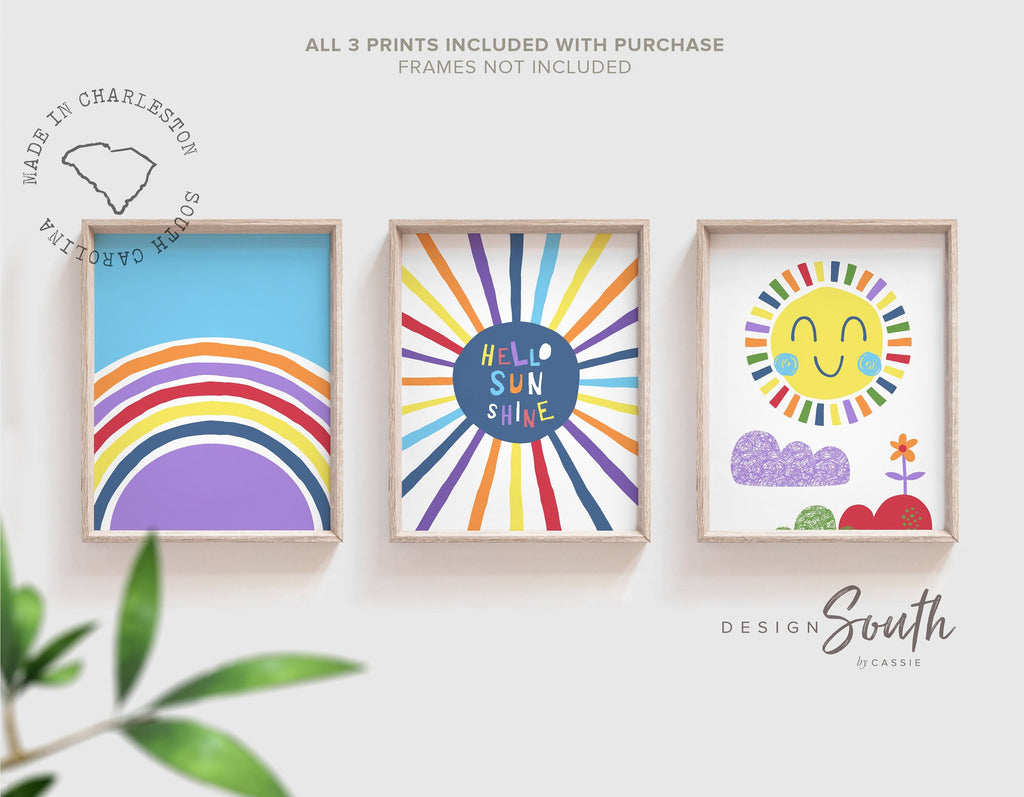 Sunshine nursery wall art, hello sunshine sun rays clouds, rainbow primary colors, girl boy playroom room wall art, unisex themes room idea