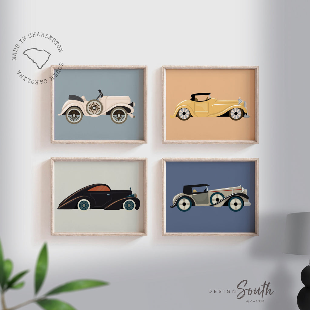 Classic retro luxury old car nursery, car art prints, vintage car art, classic car collection, old automobile nursery art, car lover nursery