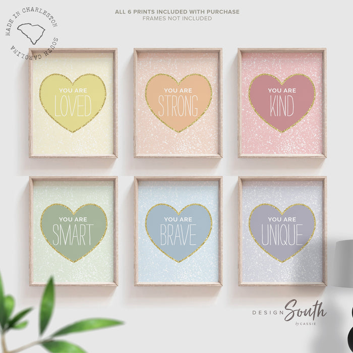 Pastel rainbow heart theme girl, hearts gold sparkles pastel colors inspirational art, little girl room heart theme, pastel affirmation art