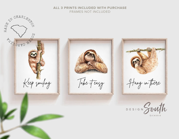 Sloth wall art, set of 3 sloths, sloth quotes art prints, sloth themed room, child sloth wall art, sloth bedroom decor, hanging sloth decor