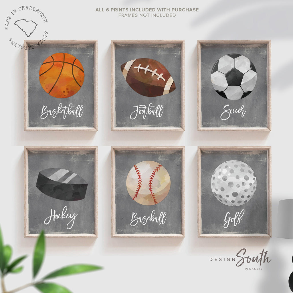 Sports boys room baseball football soccer hockey basketball golf, toddler sports room decor, wall art boys prints neutral gray industrial