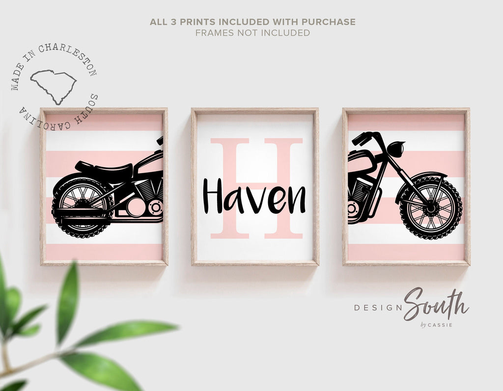 Toddler girl pink motorcycle themed art, girls motorcycle customized name print, pink harley davidson bedroom decor, baby pink harley wall