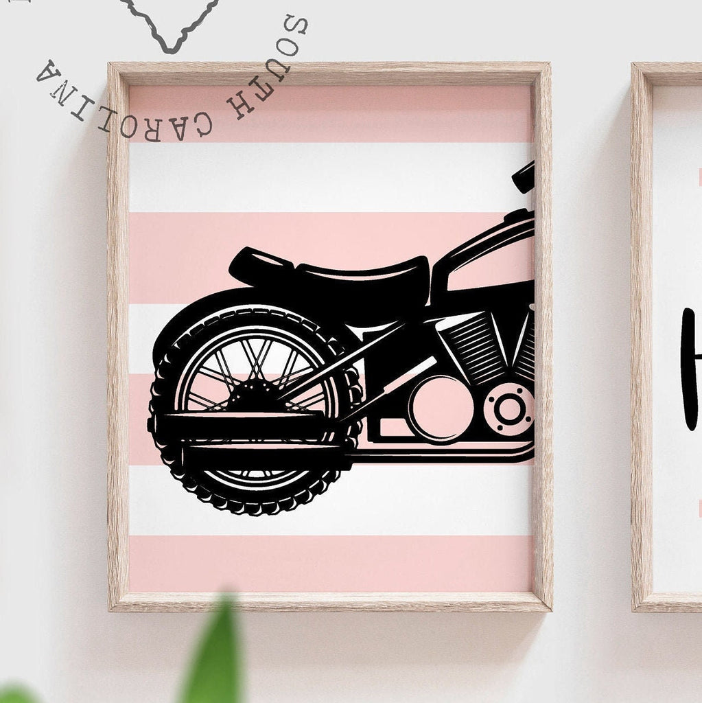 Toddler girl pink motorcycle themed art, girls motorcycle customized name print, pink harley davidson bedroom decor, baby pink harley wall