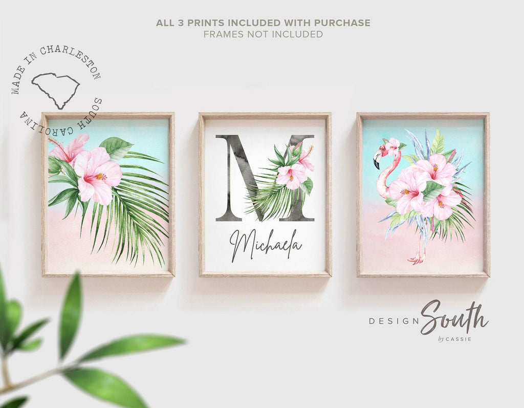 Tropical girl nursery, flamingo baby room decor, personalized monogram tropical flamingo, wall art set tropical newborn, baby shower gift