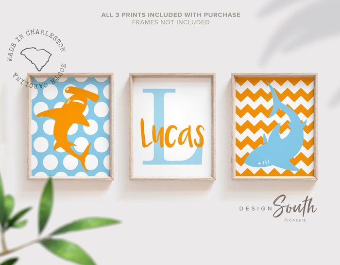 Shark orange and blue, orange shark nursery, baby boy wall art, baby boy nursery sharks, shark decor, shark baby boy gift orange blue, shark