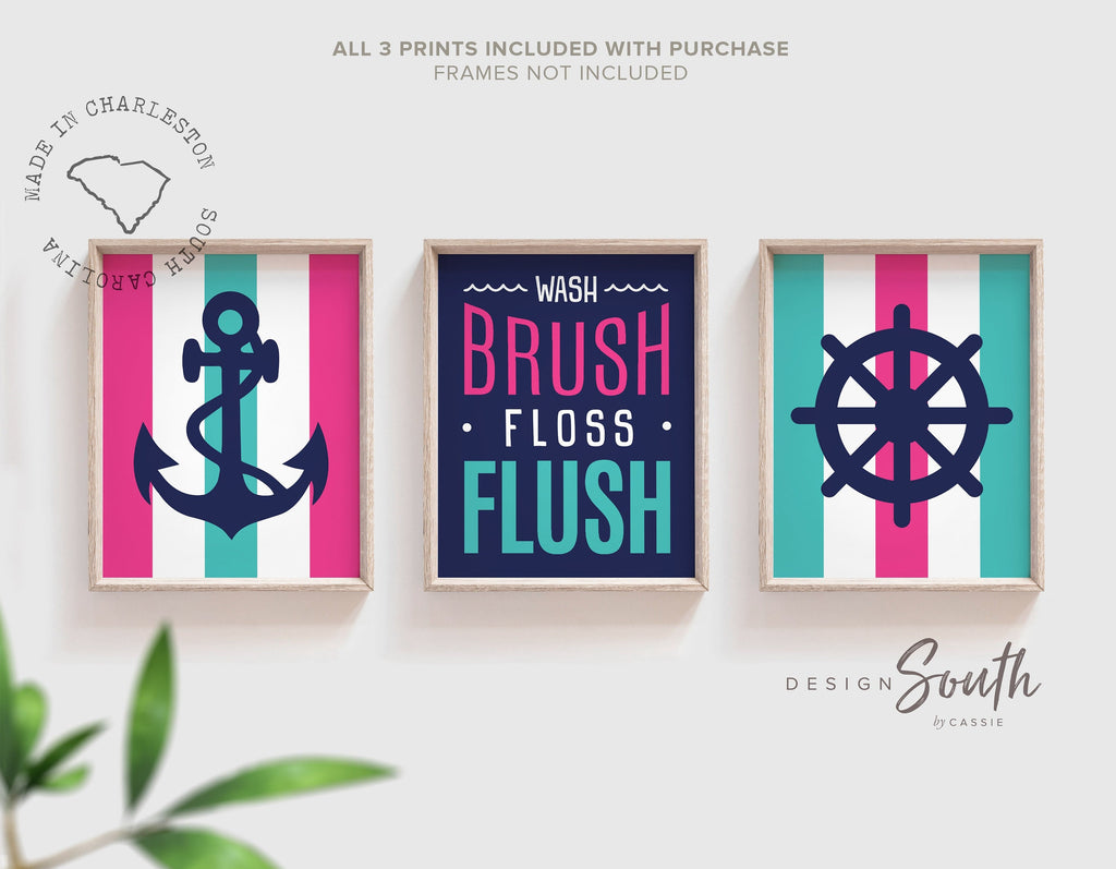 Nautical bathroom decor hot pink and teal, girls nautical bathroom decor, anchor prints wash brush floss flush, little girls bathroom wall