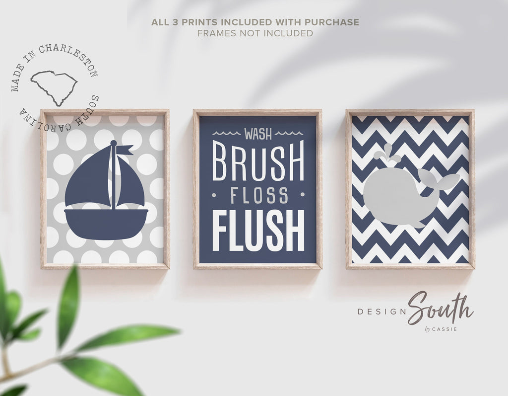 Navy and gray boys bathroom, boys bathroom art, boys bathroom decor, wash brush floss flush, boys navy bathroom, navy bathroom art, navy art