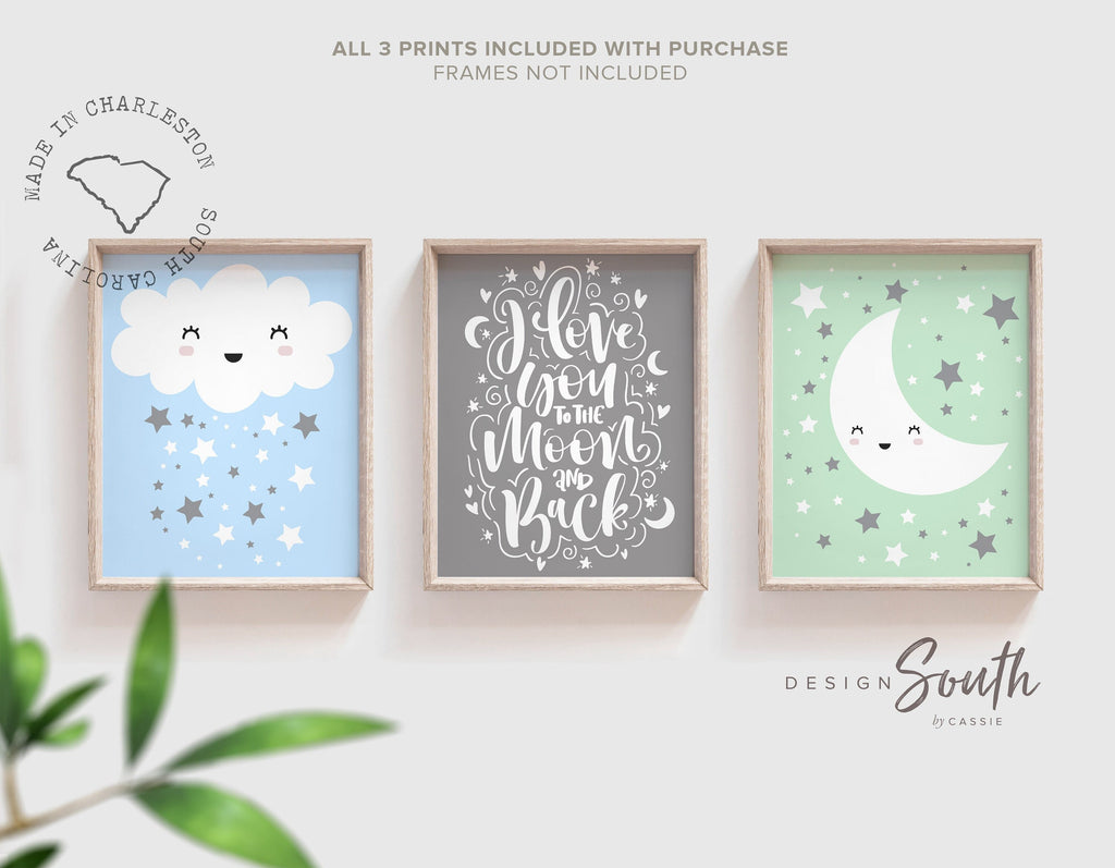 Moon and stars nursery, baby boy nursery art, star nursery, moon nursery, baby boy star decor, baby blue and mint art, boys mint nursery art