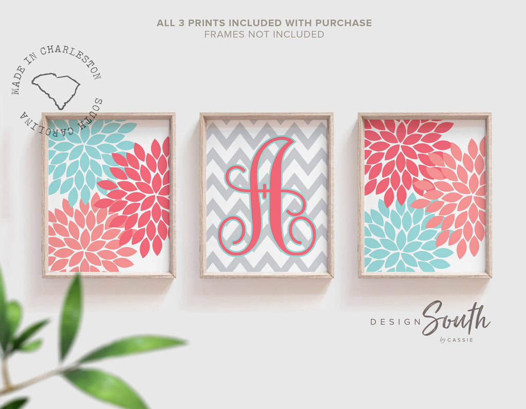 Girls nursery decor aqua and coral, floral monogram wall decor girls bedroom, coral gray aqua girls art, personalized girl gift coral pink