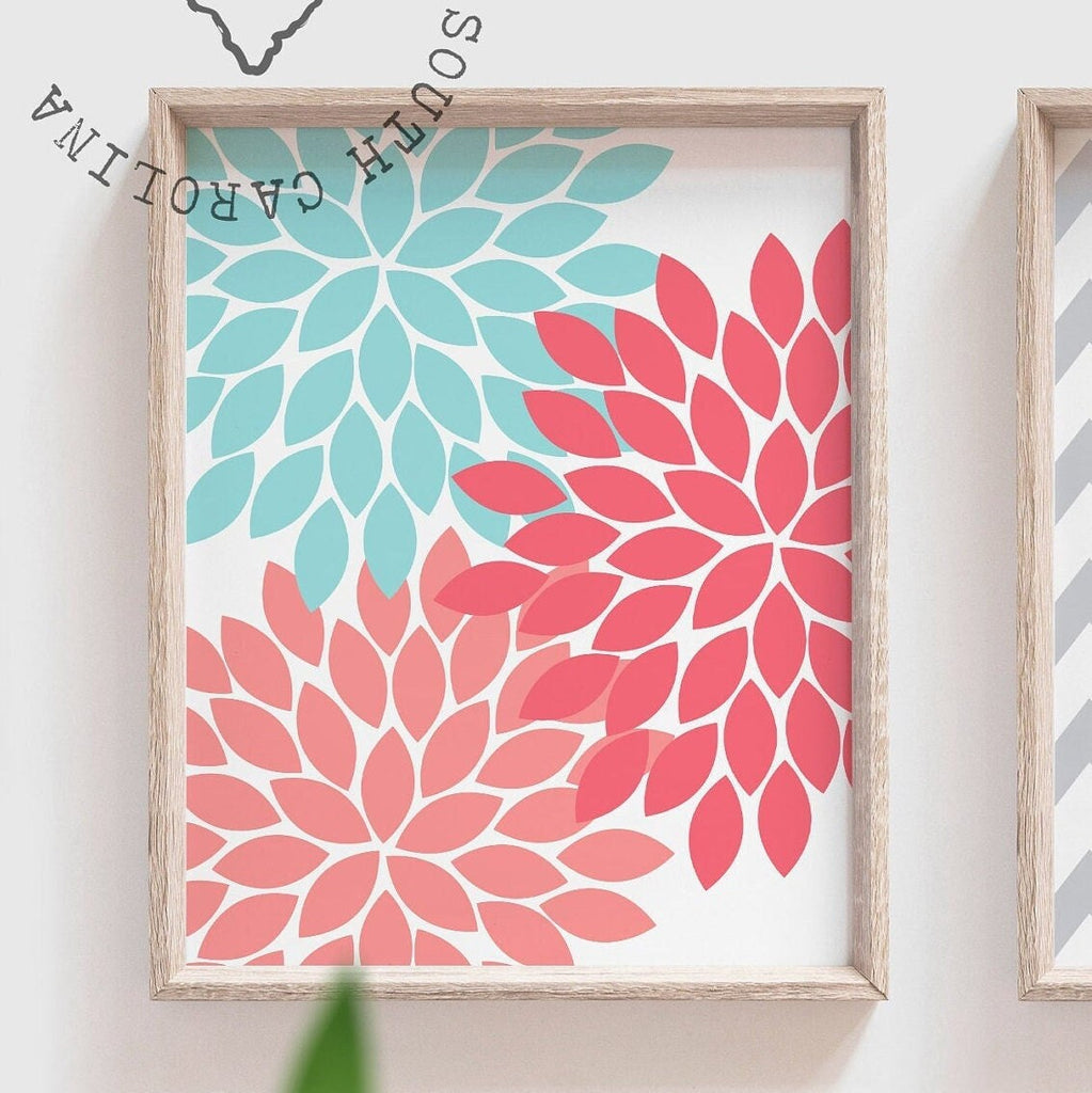 Girls nursery decor aqua and coral, floral monogram wall decor girls bedroom, coral gray aqua girls art, personalized girl gift coral pink