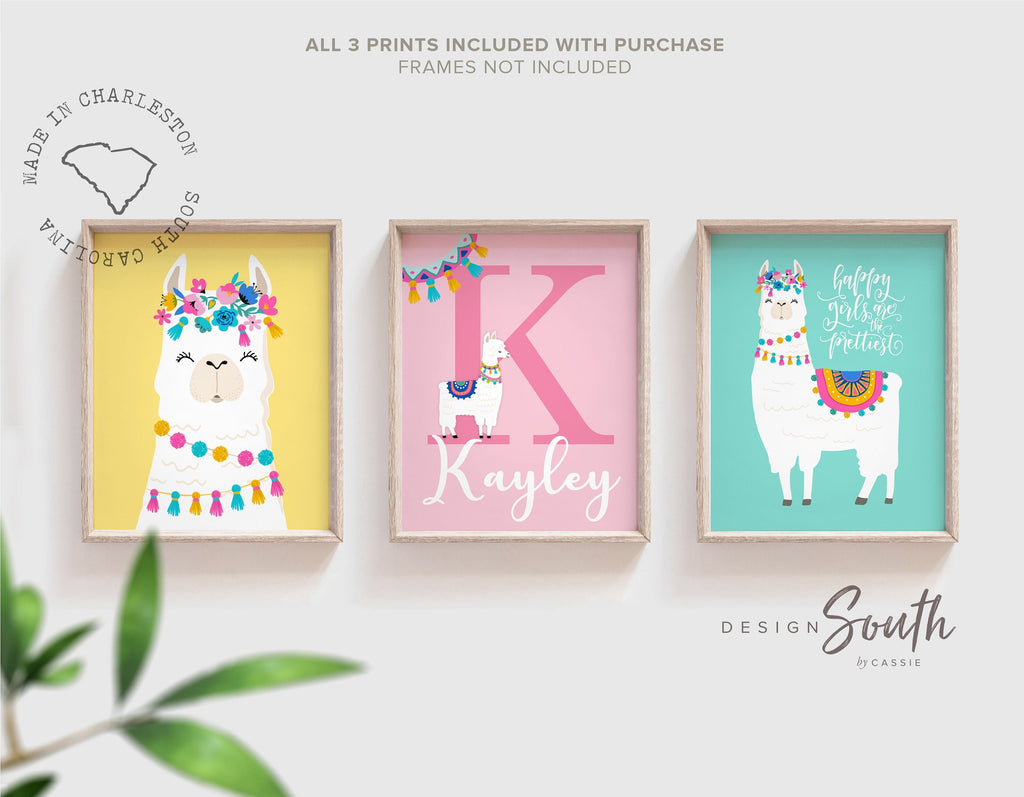 Pastel llama nursery art, little girls llama nursery bedroom, girls pink yellow teal room decor, baby girl personalized boho llama themed