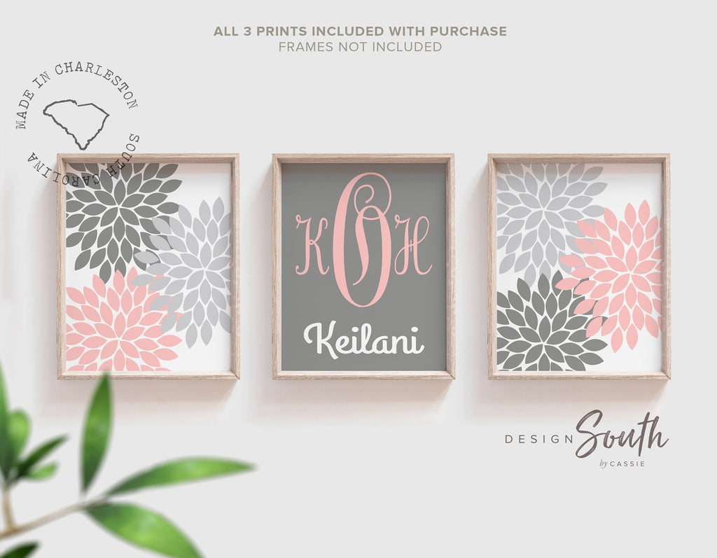 Baby girl nursery pink and gray, pink and gray flower nursery, pink and gray monogram nursery art, baby girl monogram art for nursery, pink