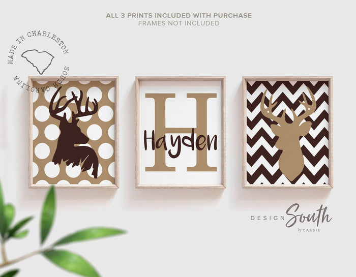 Beige and brown deer nursery art prints, personalized name boys room, hunting decor little boy, buck deer theme art, deer baby shower gift