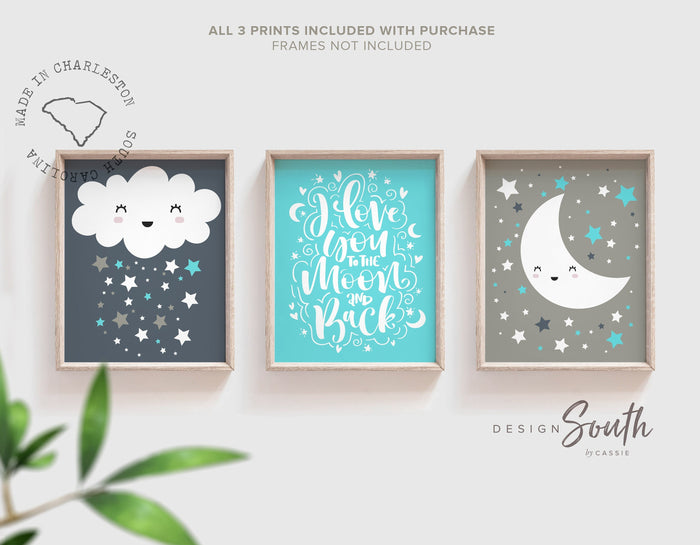 Moon and stars nursery decor, navy gray and baby blue, i love you to the moon, cloud nursery boy, cloud wall art, moon star cloud, baby boy