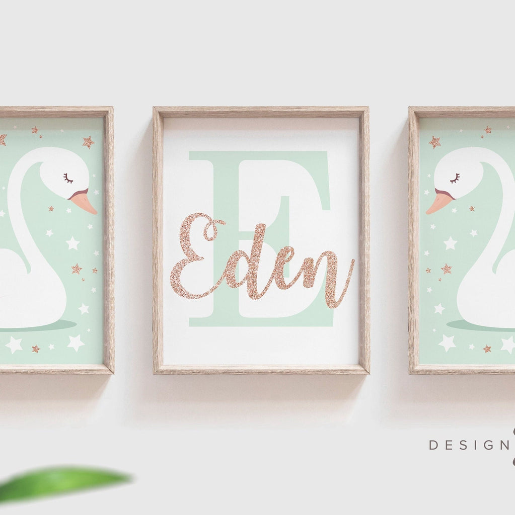 Rose gold name, swan nursery name, baby shower gift, baby girl wall art, blush and rose gold, initial print, custom name, rose gold nursery