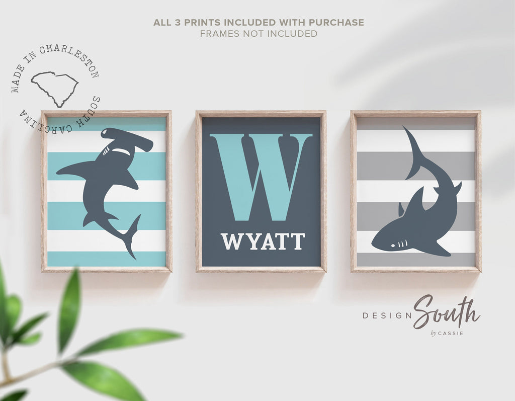 Boys shark bedroom personalized, blue shark print, shark decor, toddler shark room, kids shark room nautical stripe beach blues pottery barn