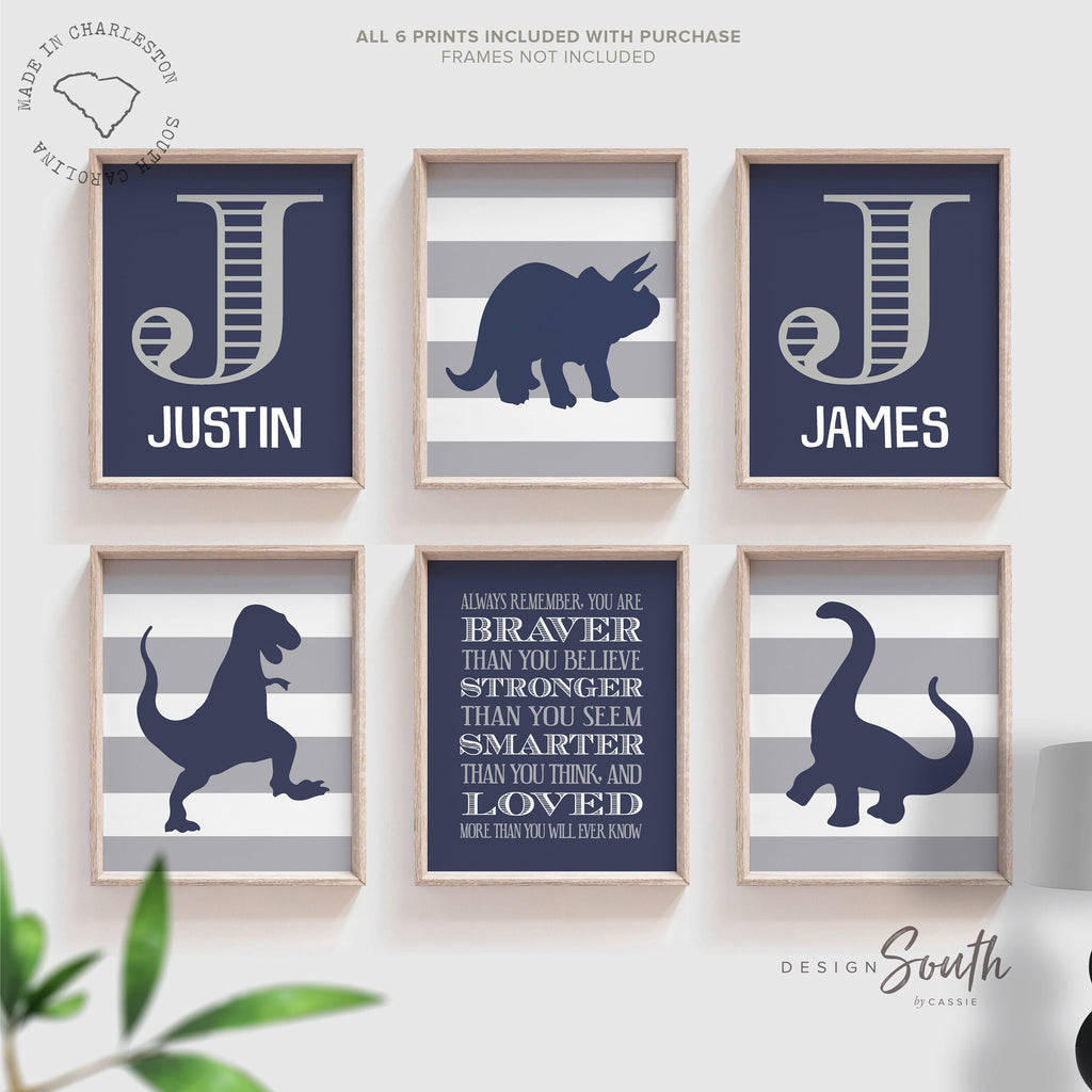 Navy blue gray dinosaur brother decor, dinosaur wall print set for boys, dinosaur playroom wall art two boys, personalized names brothers