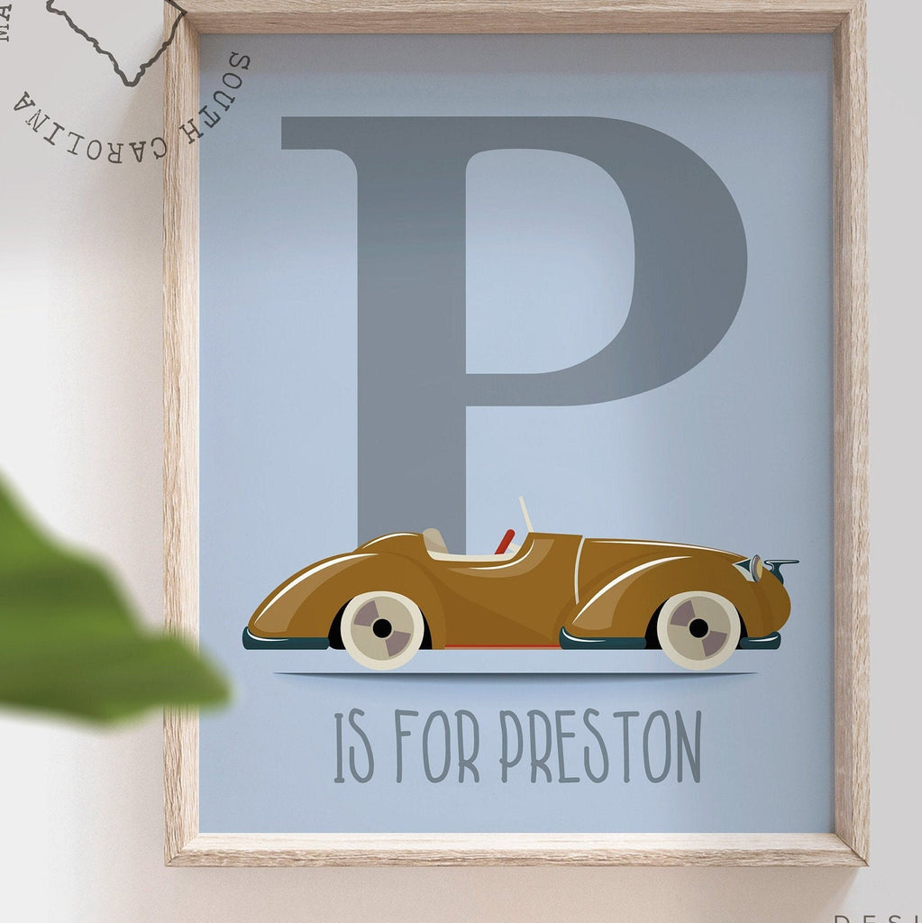 Boys personalized name initial car room, baby blue car boy decor, blue initial poster for boys, transportation themed boy bathroom kids name