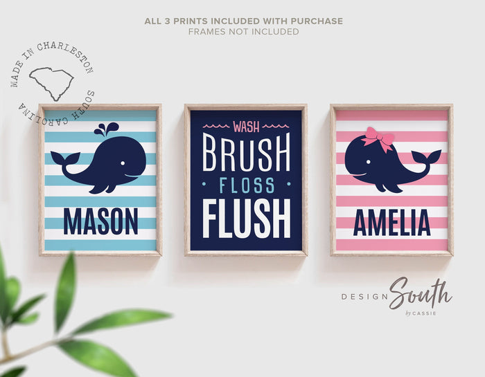 Bathroom decor, bathroom decor for children, boy/girl bathroom, bathroom prints, whale bathroom, whale theme, wash, brush, floss, flush, art