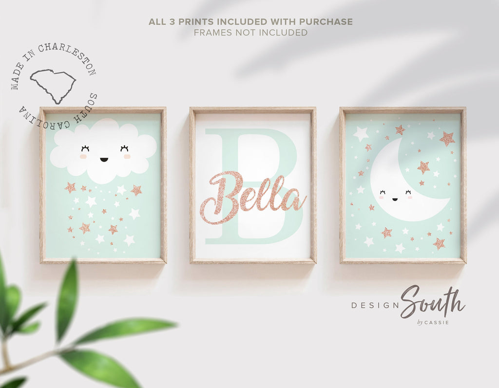 Baby room pink and rose gold, girls nursery pink, cloud moon and stars nursery, pink clouds nursery, pink stars nursery, girls name print