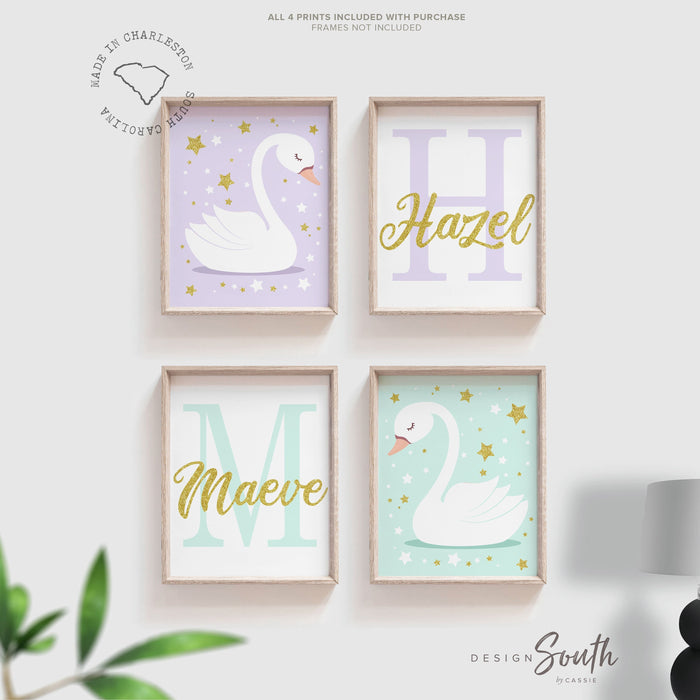 Lilac and mint sisters wall art, sisters personalized signs, lilac mint and gold, sister decor wall prints, playroom two girls, swan theme