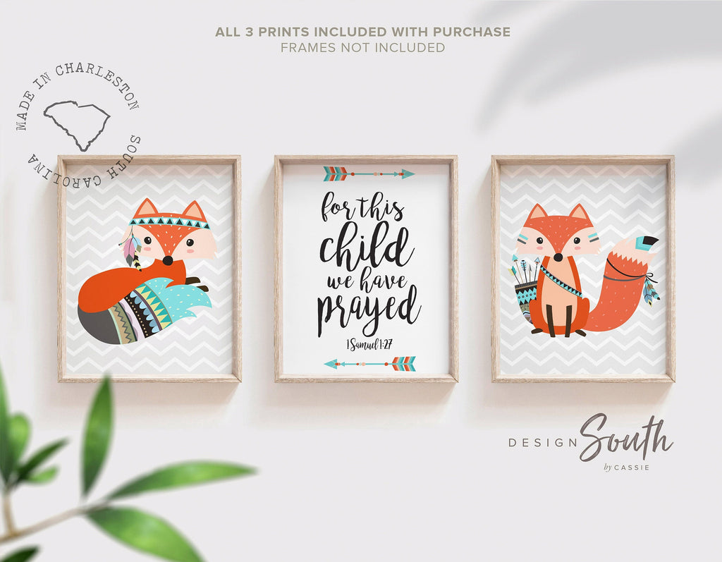 Fox nursery art, christian nursery quote, fox decor, gender neutral nursery decor, for this child we have prayed, neutral woodland nursery