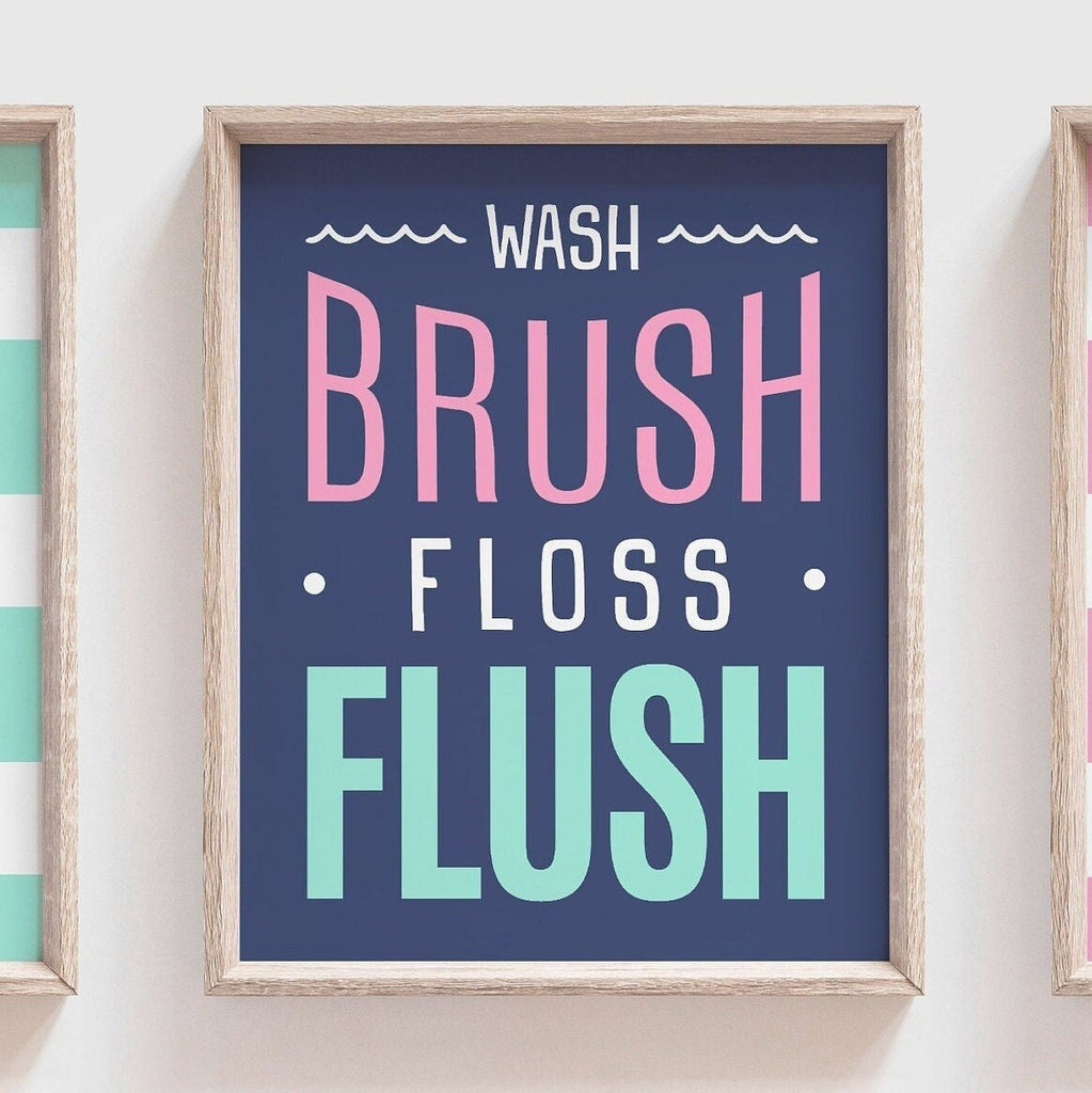 Bathroom for son and daughter, bathroom decor for boy and girl, wall art children&#39;s bathroom, kids bathroom art, wash brush flush, twin art