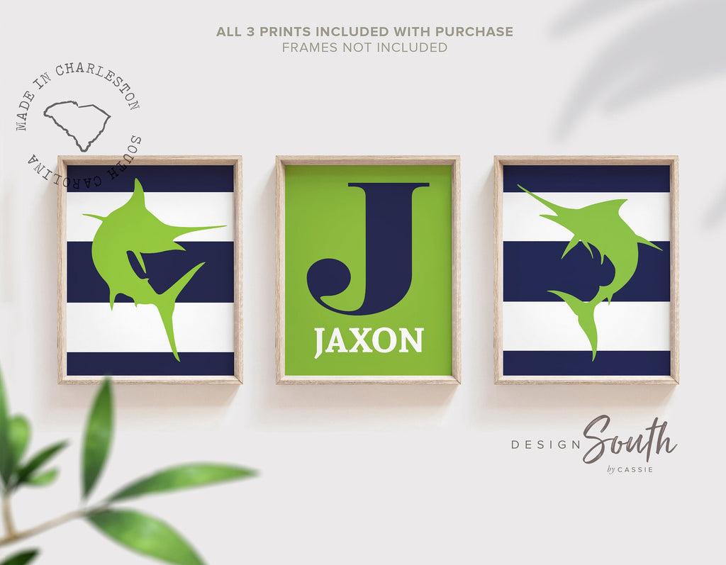 Fish nursery decor lime and navy, boys bedroom wall art, monogram for boys, fish theme nursery, saltwater fish, fishing nursery wall decor